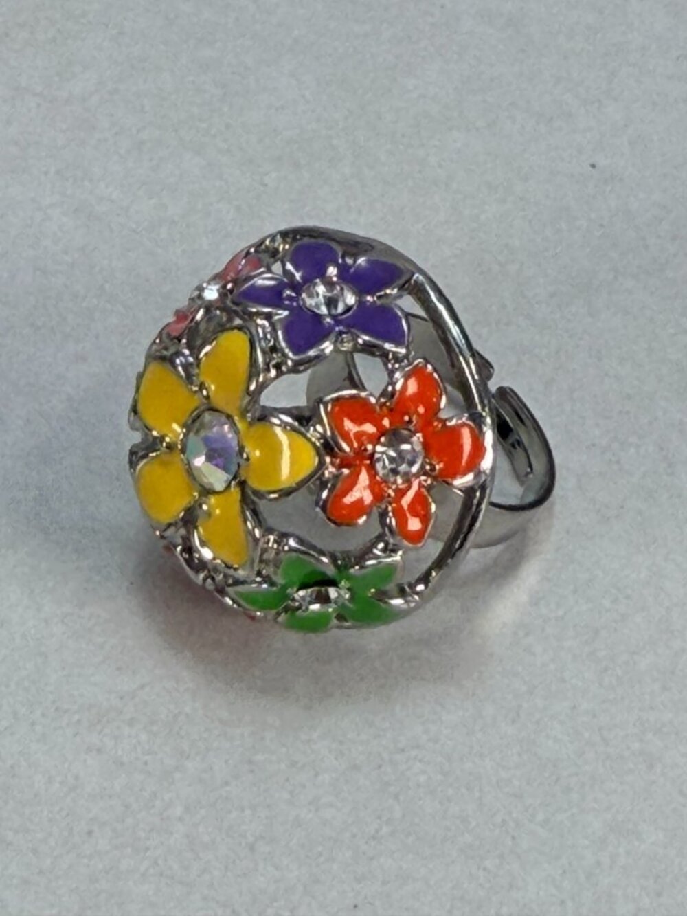 Vintage Adjustable Enamel Flower Ring Colorful Rhinestone Silver Tone Statement